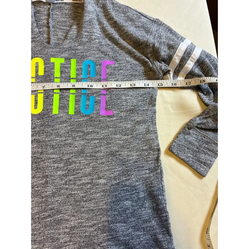 Justice Girls S 8 Gray Hooded Tunic Top Rainbow Logo Striped Sleeve Lightweight